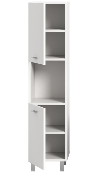 Weißer Badezimmerschrank mit offenen Fächern, Schubladen und Griffen