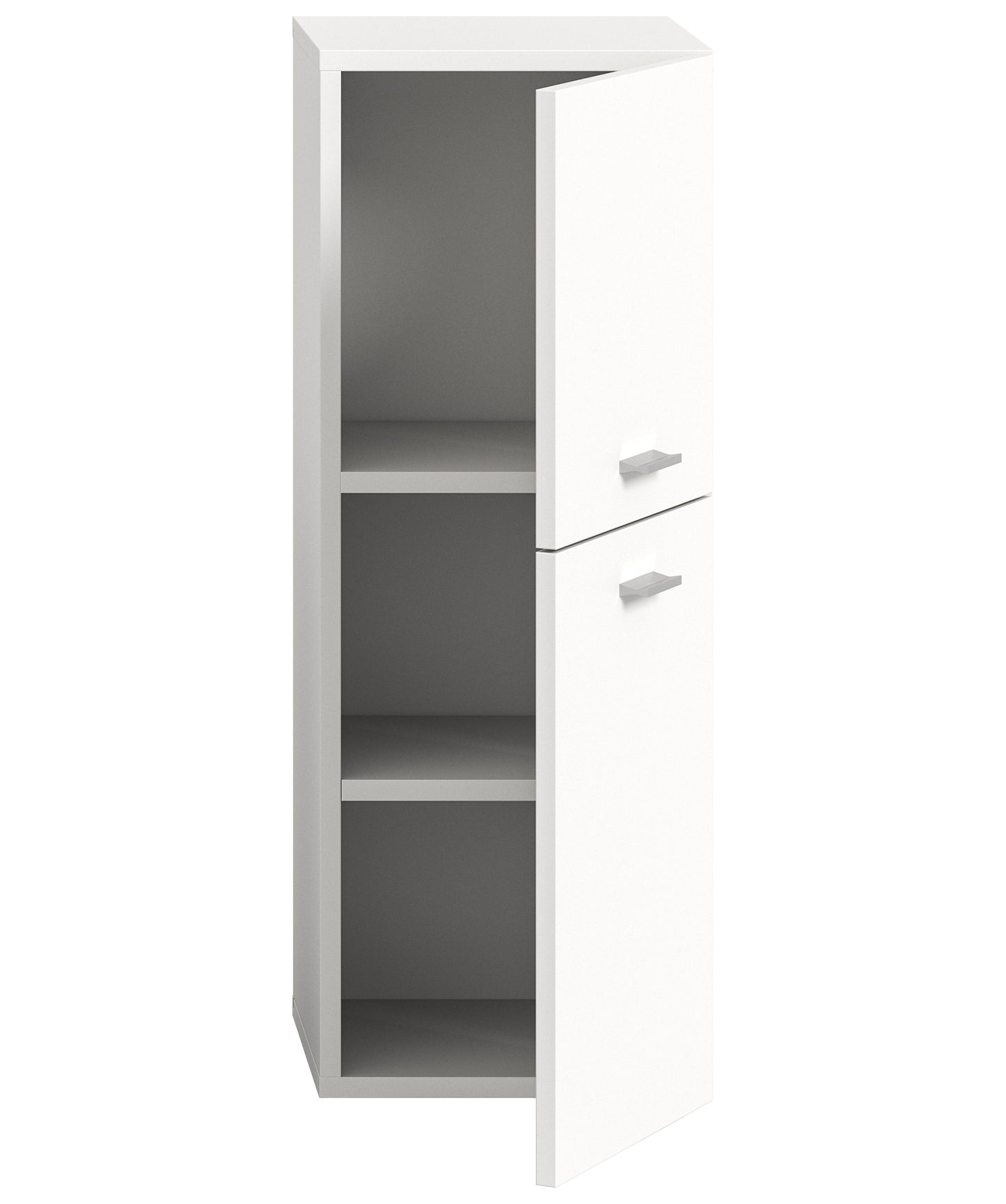 Weißer Badezimmerschrank mit offenem Fach und zwei Schubladen, innenregale