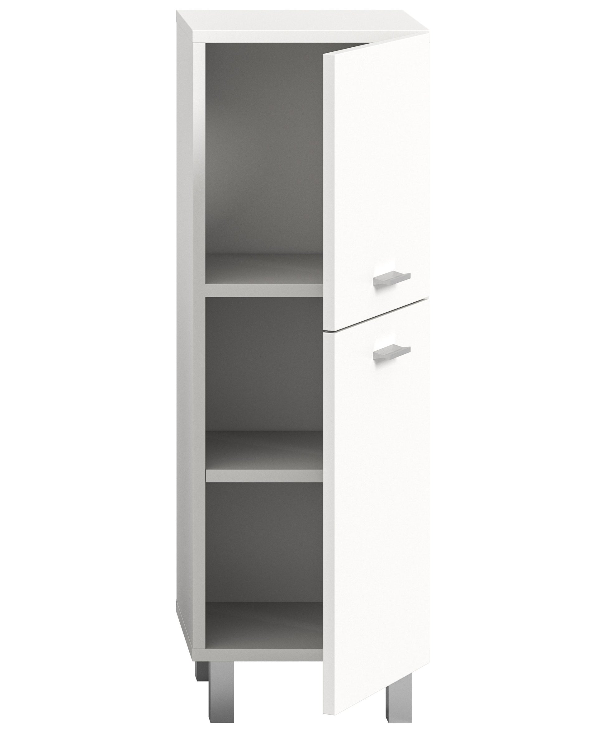 Weißer Badezimmerschrank mit offenen Regalfächern und zwei Schubladen, Griffmulden