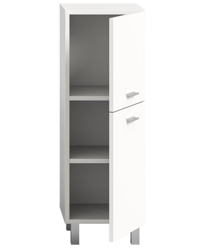 Weißer Badezimmerschrank mit offenen Regalfächern und zwei Schubladen, Griffmulden