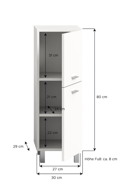 Maßskizze: weißer Badezimmerschrank mit Fächern und Schubfächern, Höhe 80 cm