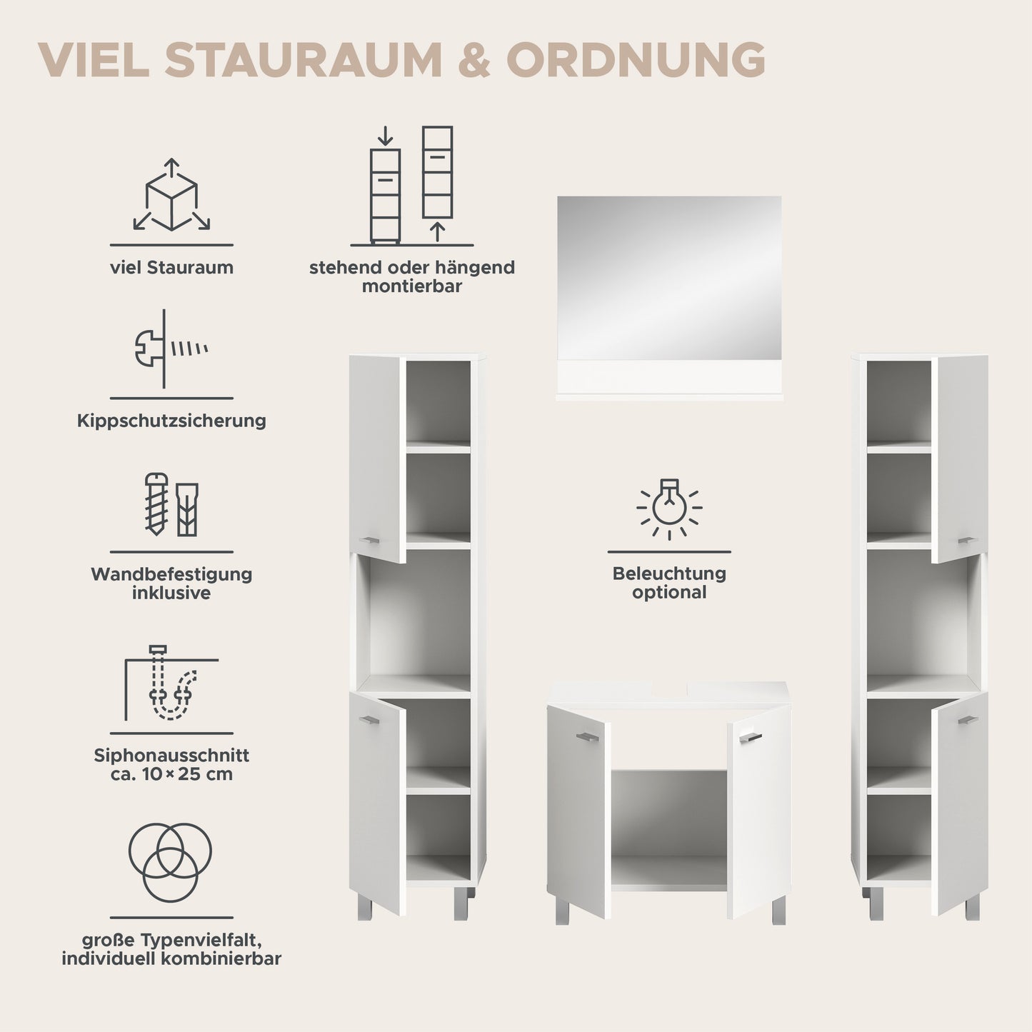 Homes & Jones Badezimmer Set 4tlg. Badmöbel hängend oder bodenstehend montierb.