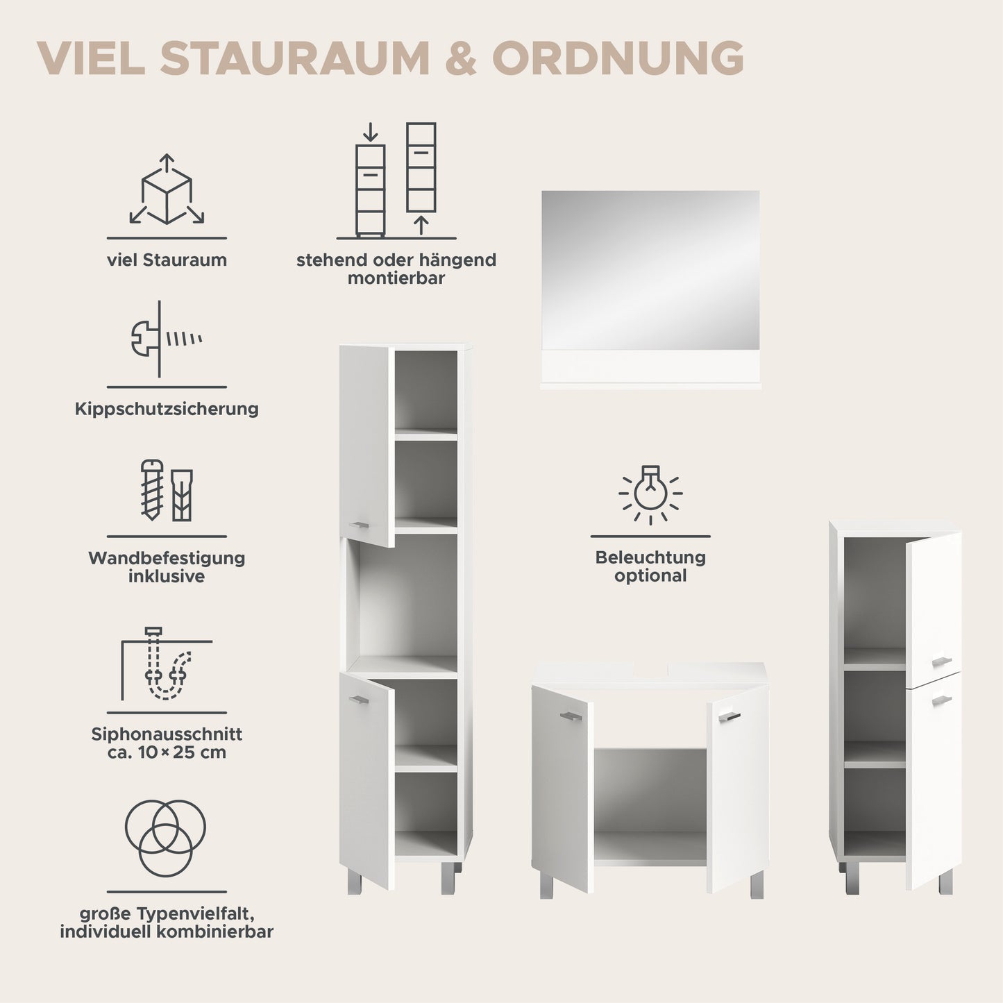 Homes & Jones Badezimmer Set 4tlg. Badmöbel hängend oder bodenstehend montierb.