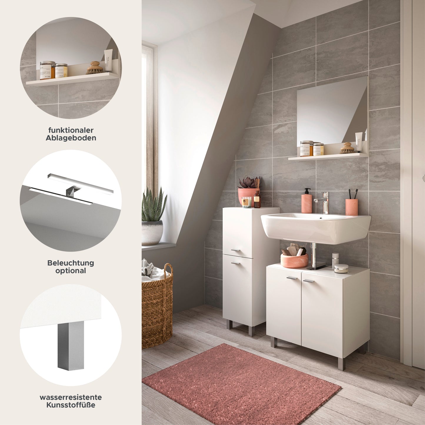 Homes & Jones Badezimmer Set 3tlg. Badmöbel hängend oder bodenstehend montierb.