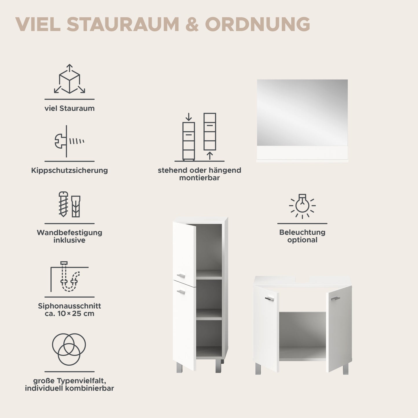 Homes & Jones Badezimmer Set 3tlg. Badmöbel hängend oder bodenstehend montierb.