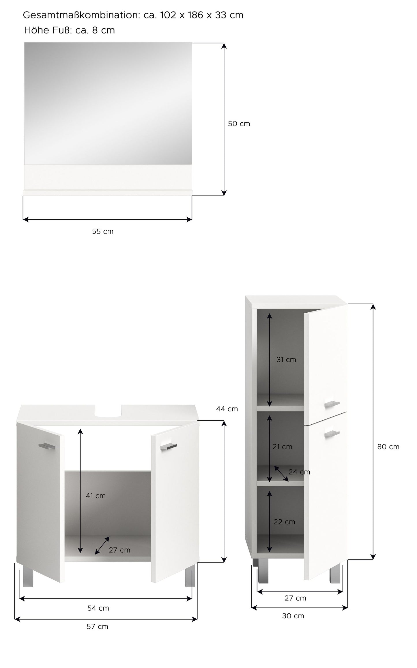 Homes & Jones Badezimmer Set 3tlg. Badmöbel hängend oder bodenstehend montierb.