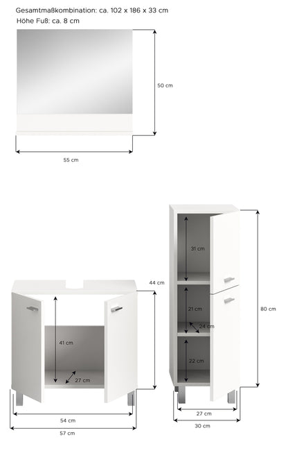 Homes & Jones Badezimmer Set 3tlg. Badmöbel hängend oder bodenstehend montierb.