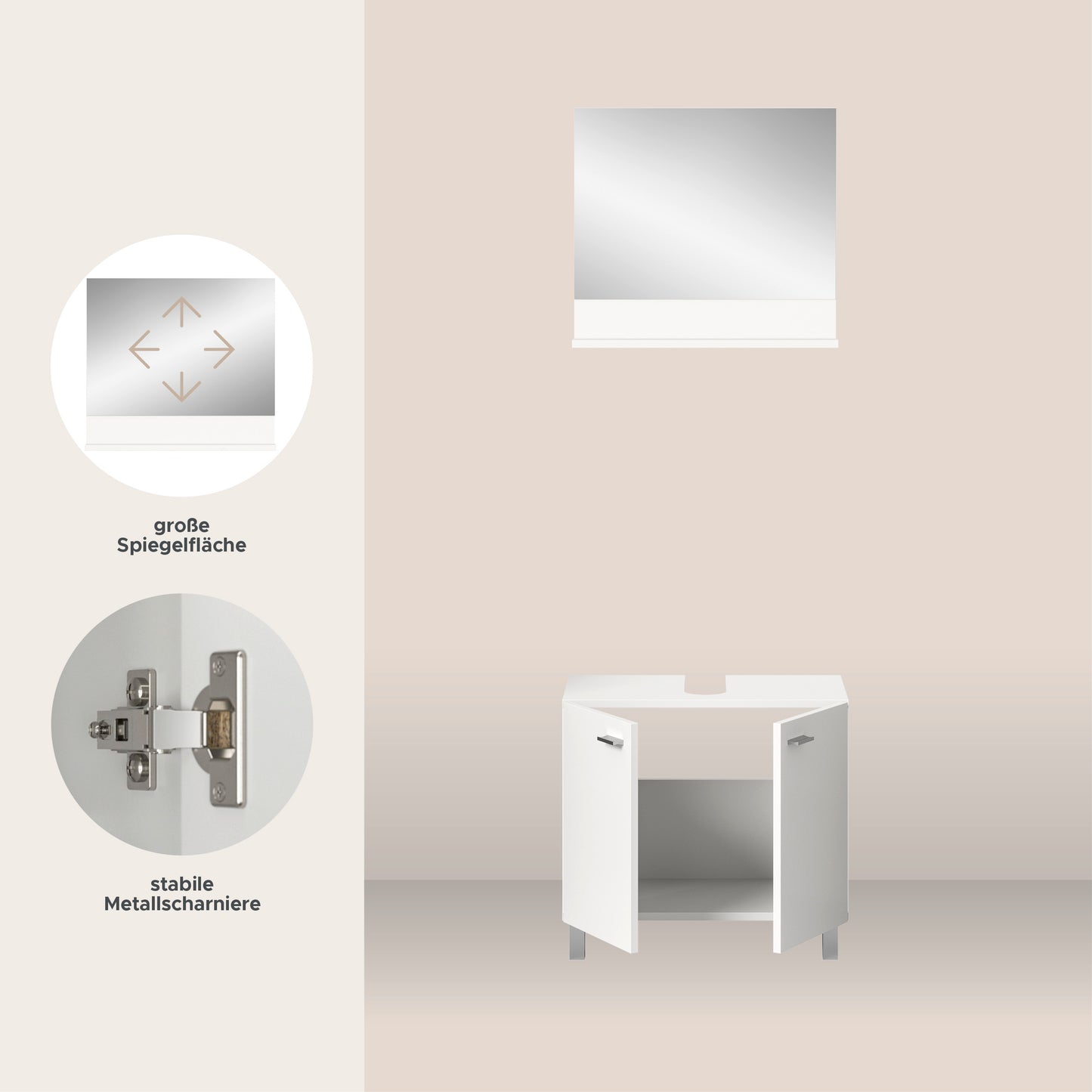 Weißes Badmöbel-Set mit Spiegelfläche, Unterschrank und sichtbaren Metallscharnieren