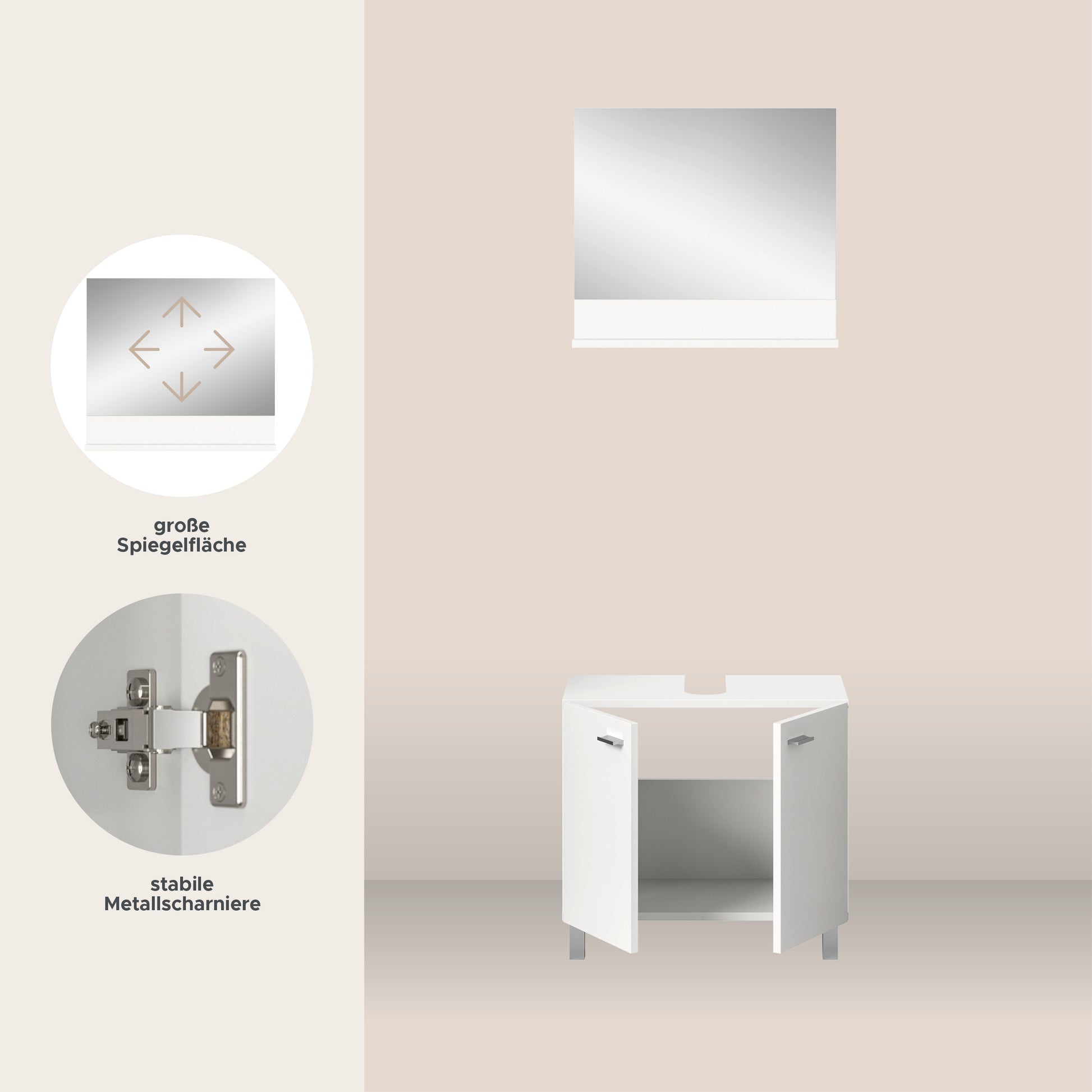 Weißes Badmöbel-Set mit Spiegelfläche, Unterschrank und sichtbaren Metallscharnieren
