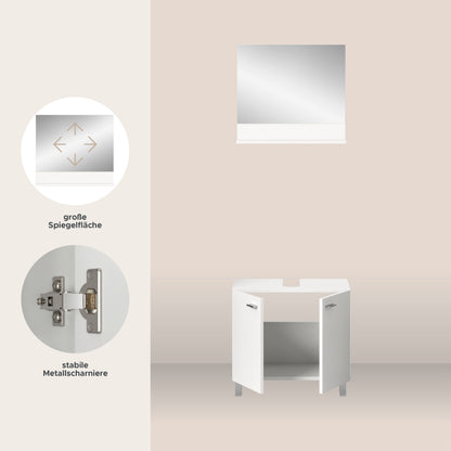 Weißes Badmöbel-Set mit Spiegelfläche, Unterschrank und sichtbaren Metallscharnieren
