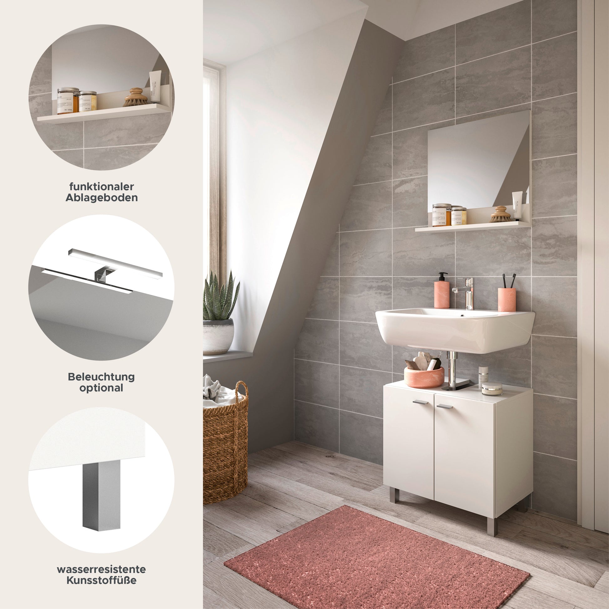 Weißes Badezimmermöbel-Set: Waschtischunterschrank mit Spiegelregal