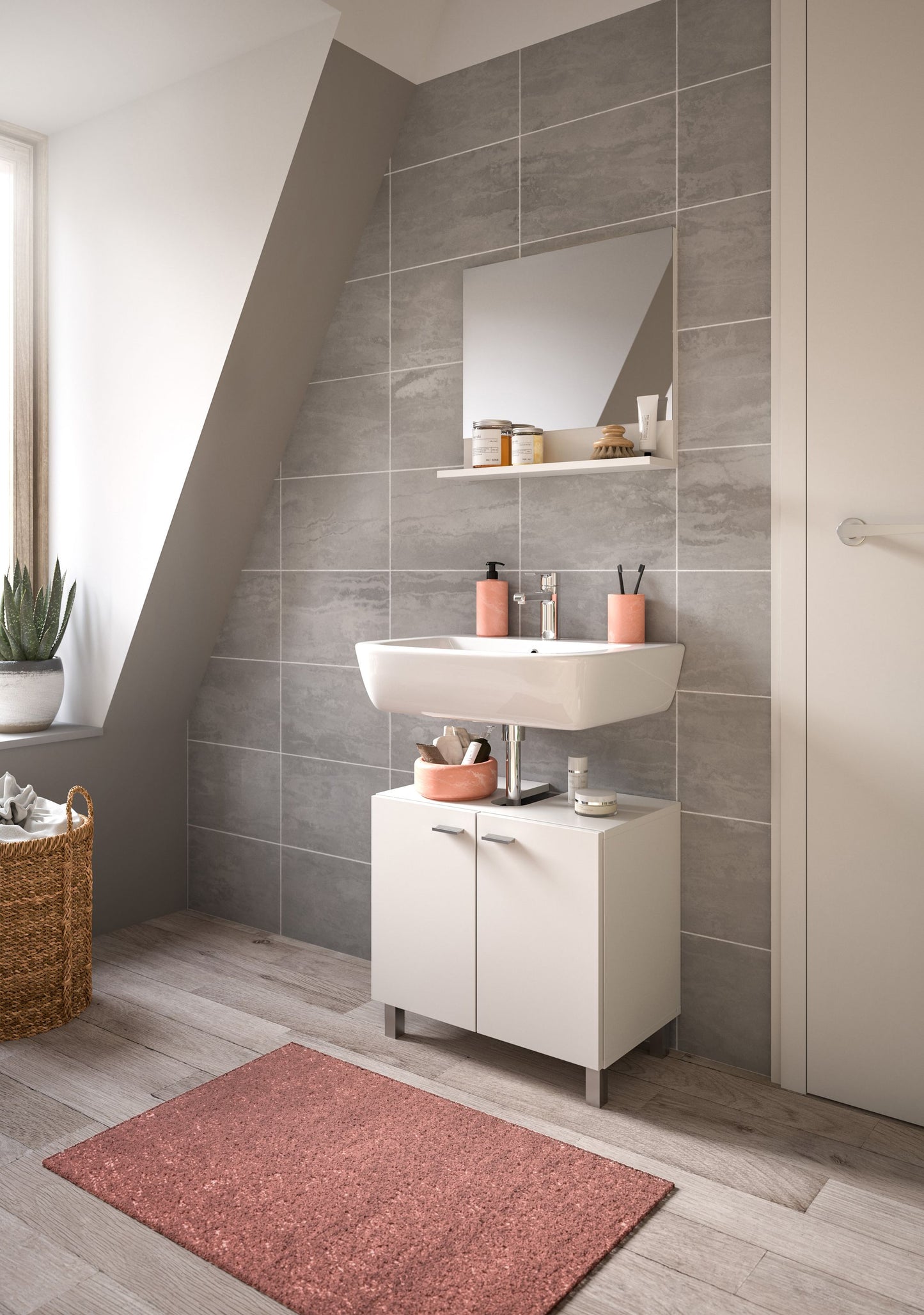 Weißer Badmöbel-Unterschrank mit Waschbecken, offener Nische und Wand-Ablage