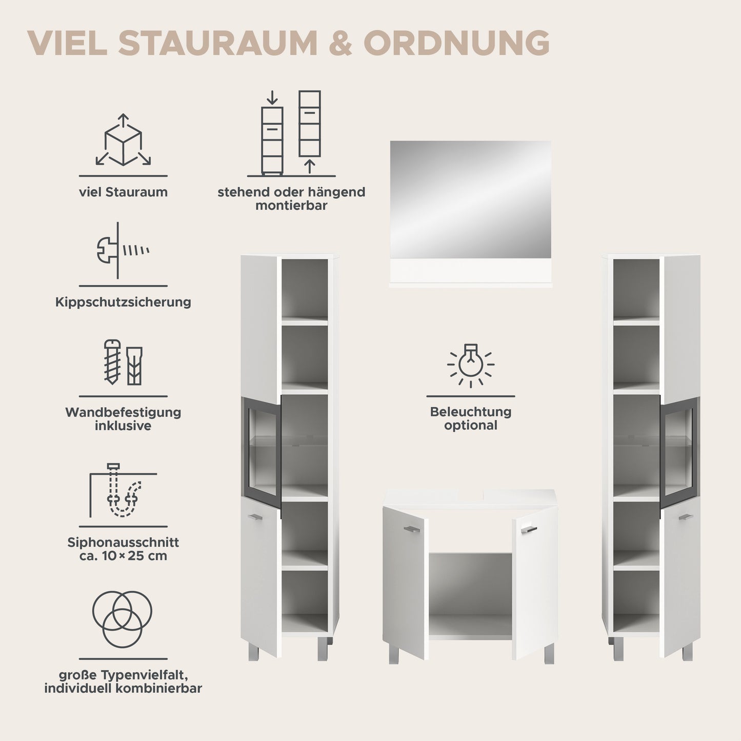 Homes & Jones Badezimmer Set 4tlg. Badmöbel hängend oder bodenstehend montierb.
