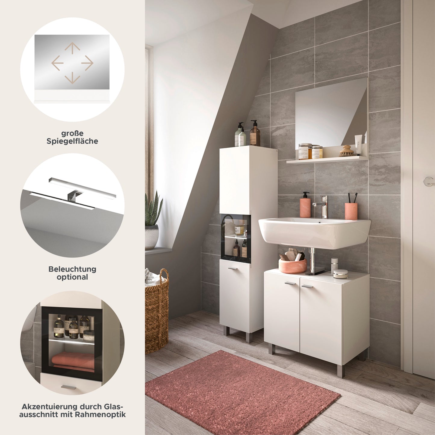 Homes & Jones Badezimmer Set 3tlg. Badmöbel hängend oder bodenstehend montierb.