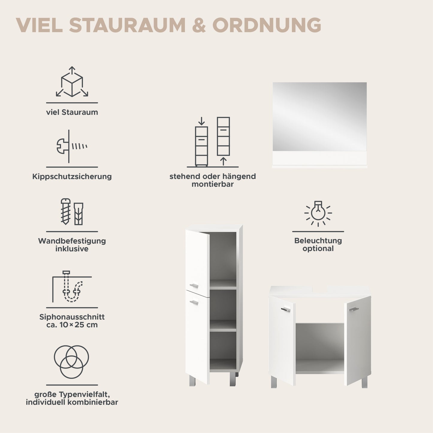 Homes & Jones Badezimmer Set 4tlg. Badmöbel hängend oder bodenstehend montierb.