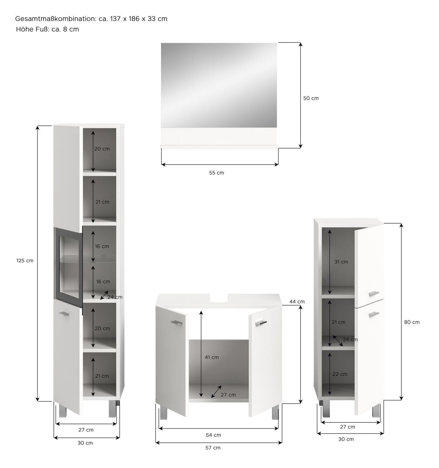 Homes & Jones Badezimmer Set 4tlg. Badmöbel hängend oder bodenstehend montierb.