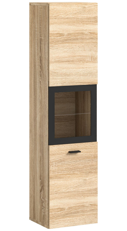 Badschrank Eiche Sonoma mit Frontausschnitt und schwarzem Rahmen, offene Nische