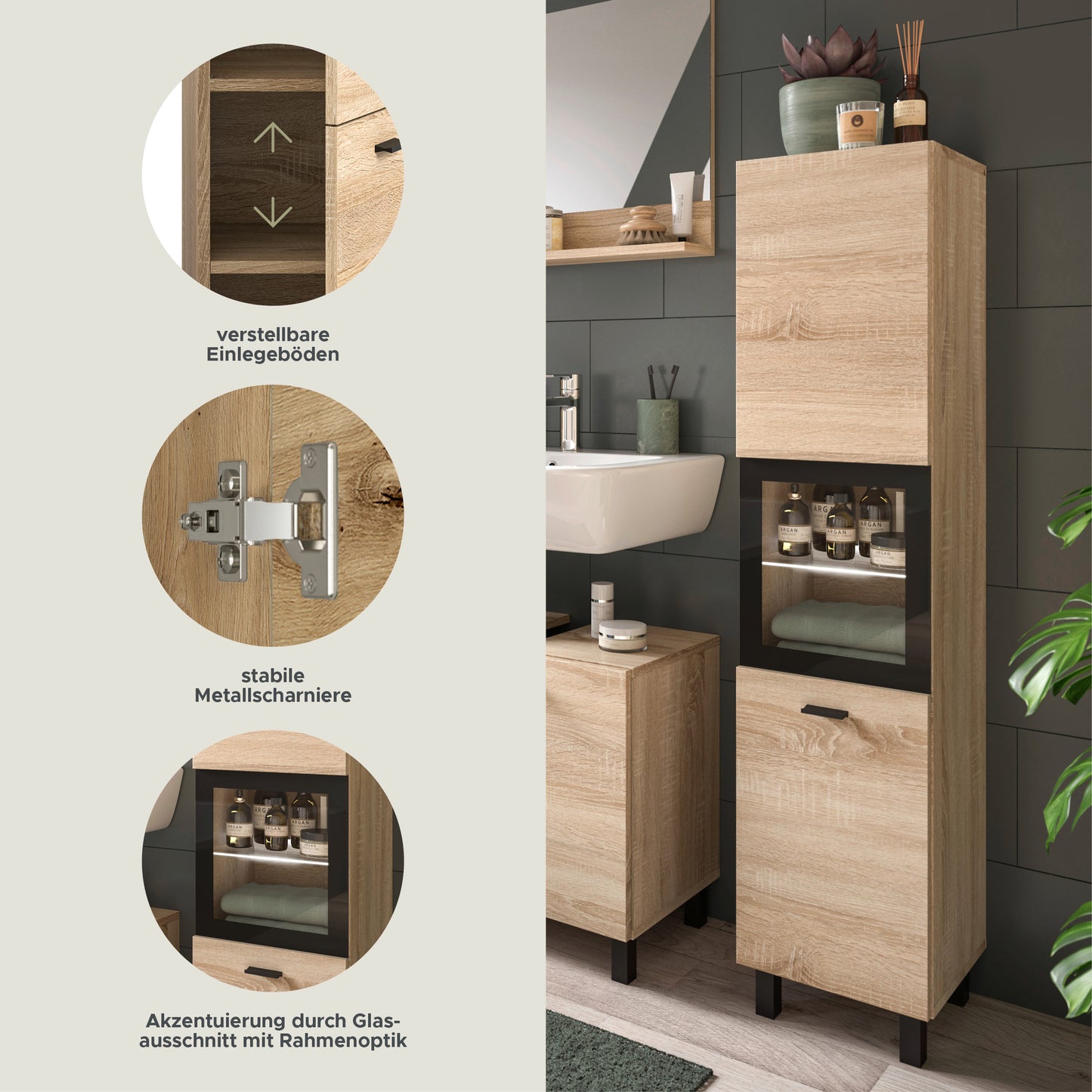 Badschrank in Eiche Sonoma mit verstellbaren Einlegeböden und Metallscharniere