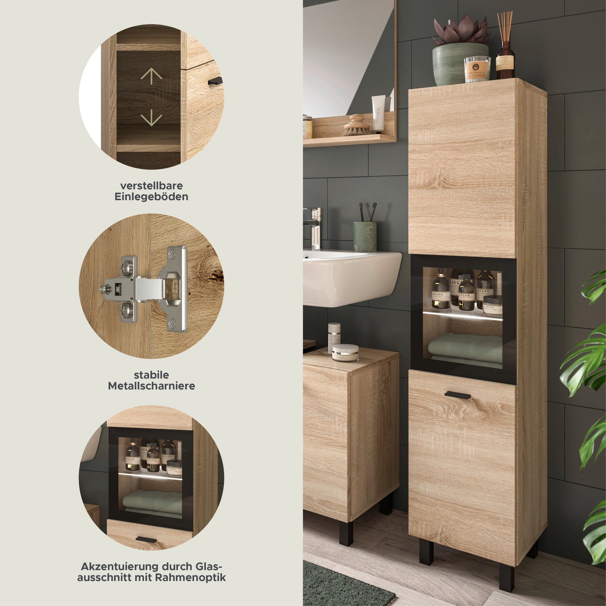 Badschrank in Eiche Sonoma mit verstellbaren Einlegeböden und Metallscharniere