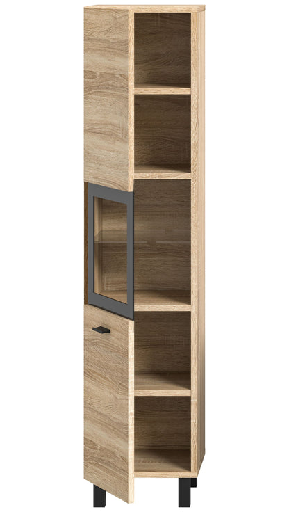Badschrank Eiche Sonoma auf Standfüßen, offene Fächer mit schwarzem Rahmen