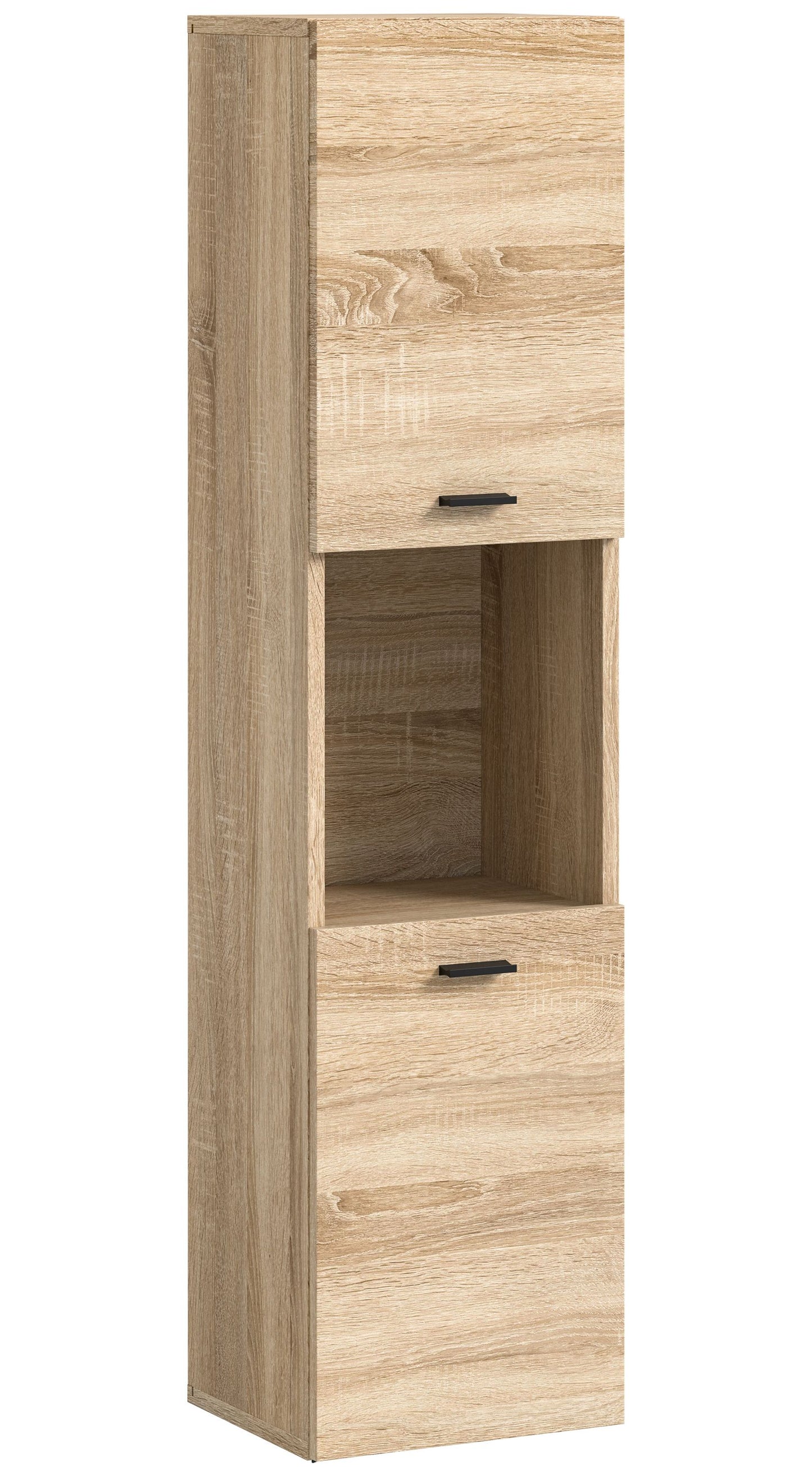 Badschrank Eiche Sonoma mit offenen Fächern und Schubladen, Seitenfront