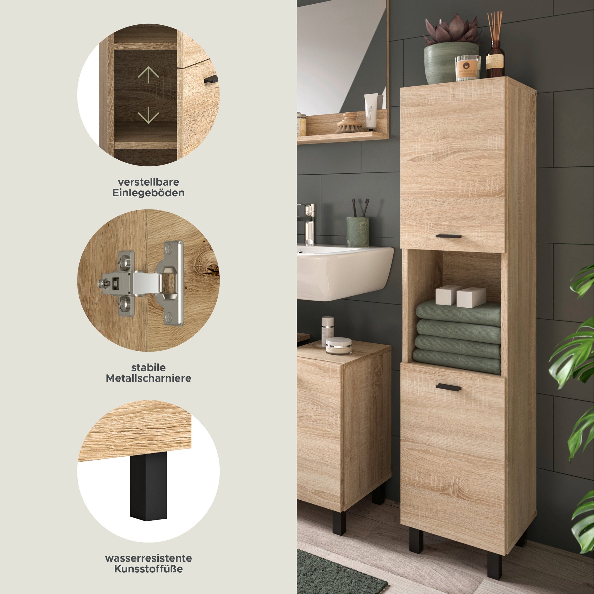 Badschrank in Eiche Sonoma mit verstellbarem Einlegeboden und Metallscharnieren.