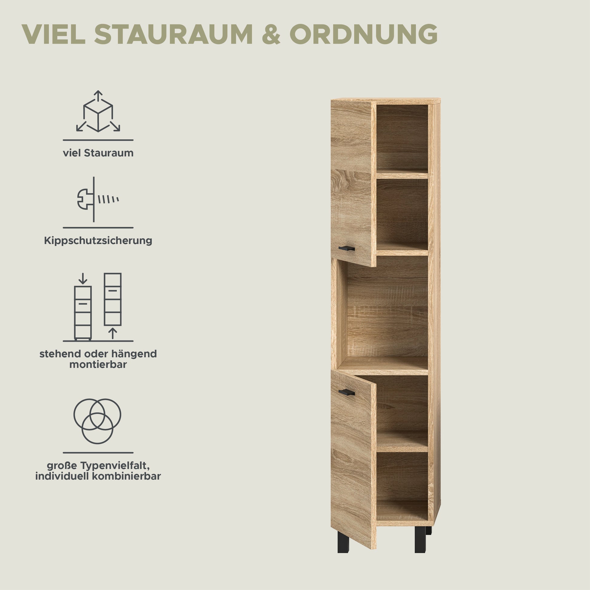 Hoher Badschrank in Eiche Sonoma mit mehreren offenen Fächern und Schubfächern.