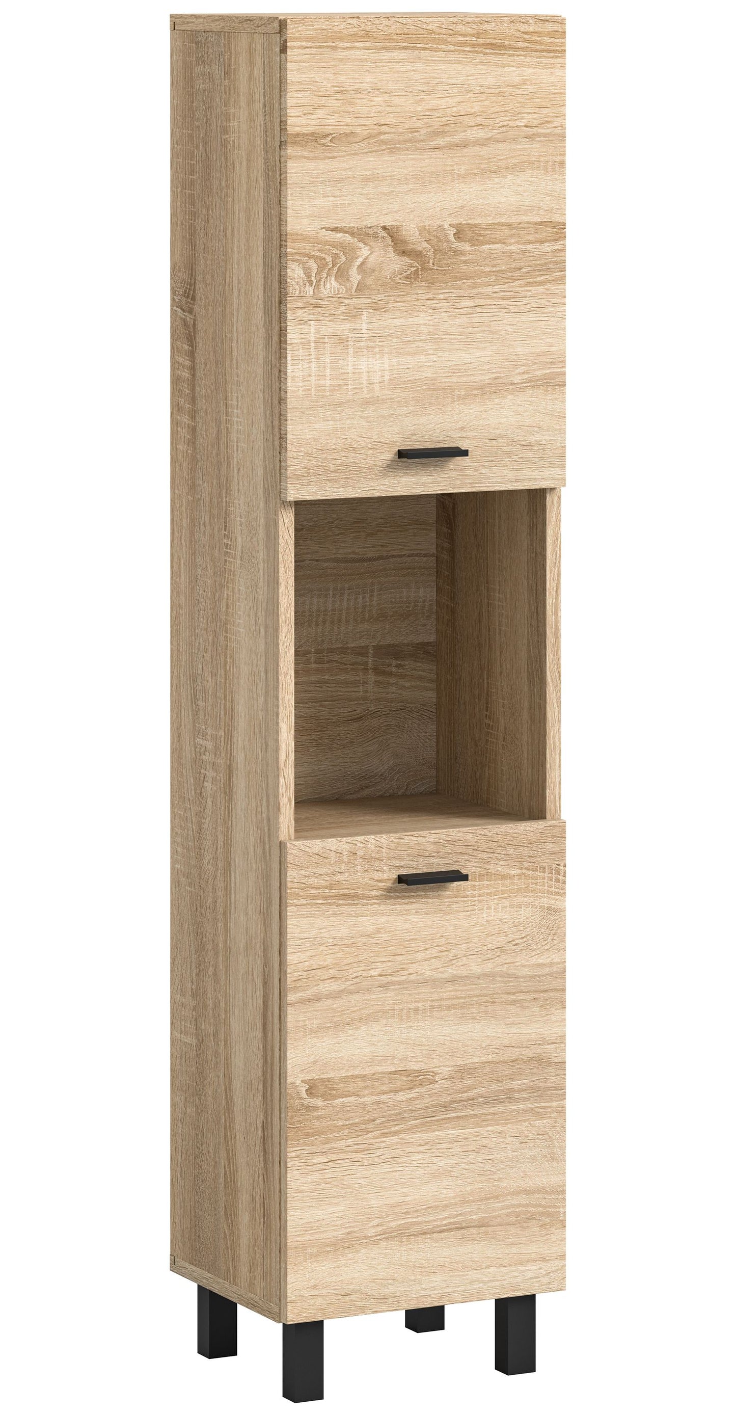 Badschrank in Eiche Sonoma mit offenen Fächern, Schubladen und dunklen Griffen