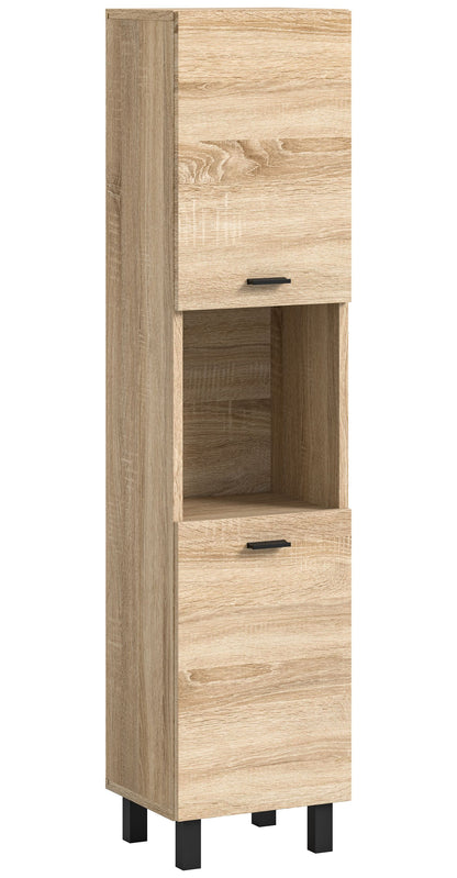 Badschrank in Eiche Sonoma mit offenen Fächern, Schubladen und dunklen Griffen