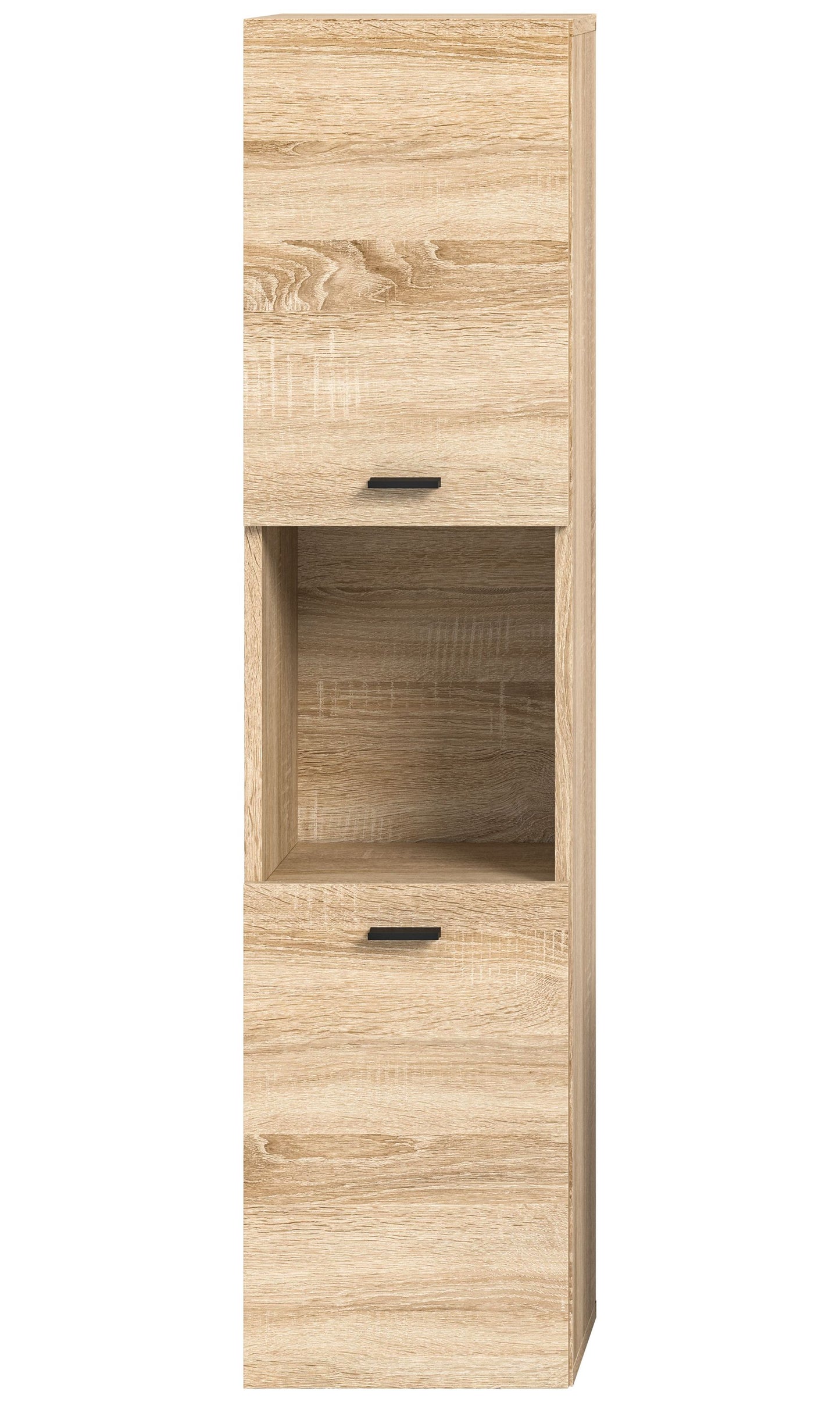 Badschrank Eiche Sonoma mit offenen Innenfächern und zwei Schubladen, Frontansicht