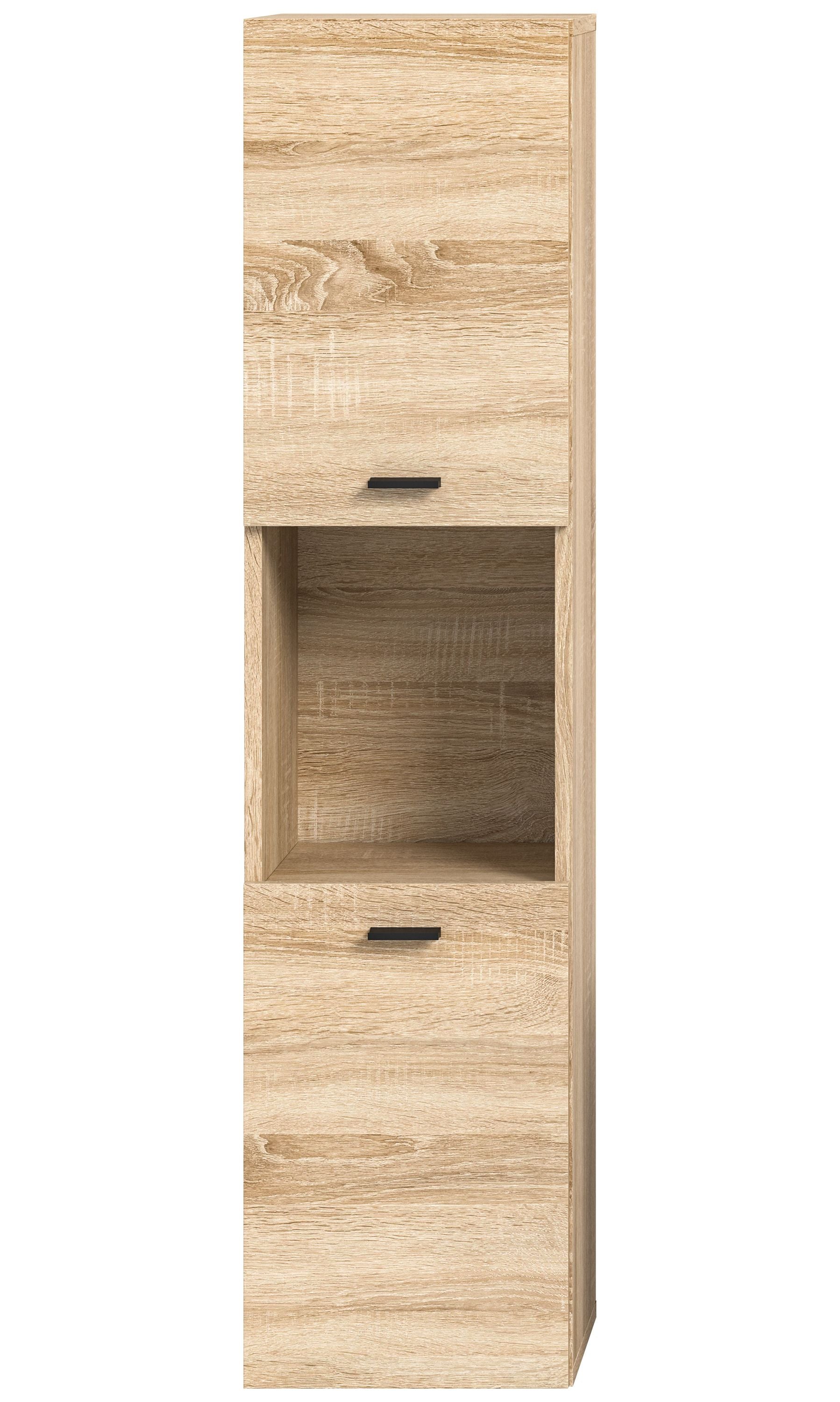 Badschrank Eiche Sonoma mit offenen Innenfächern und zwei Schubladen, Frontansicht