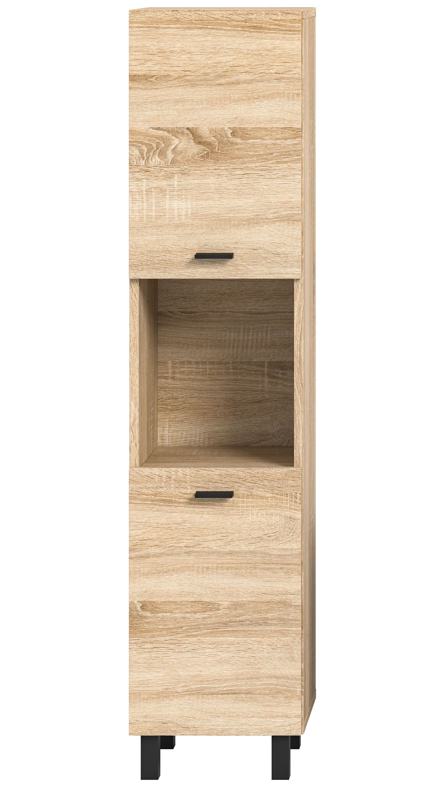 Badschrank Eiche Sonoma mit offenem Fach und Schubladen, Frontansicht