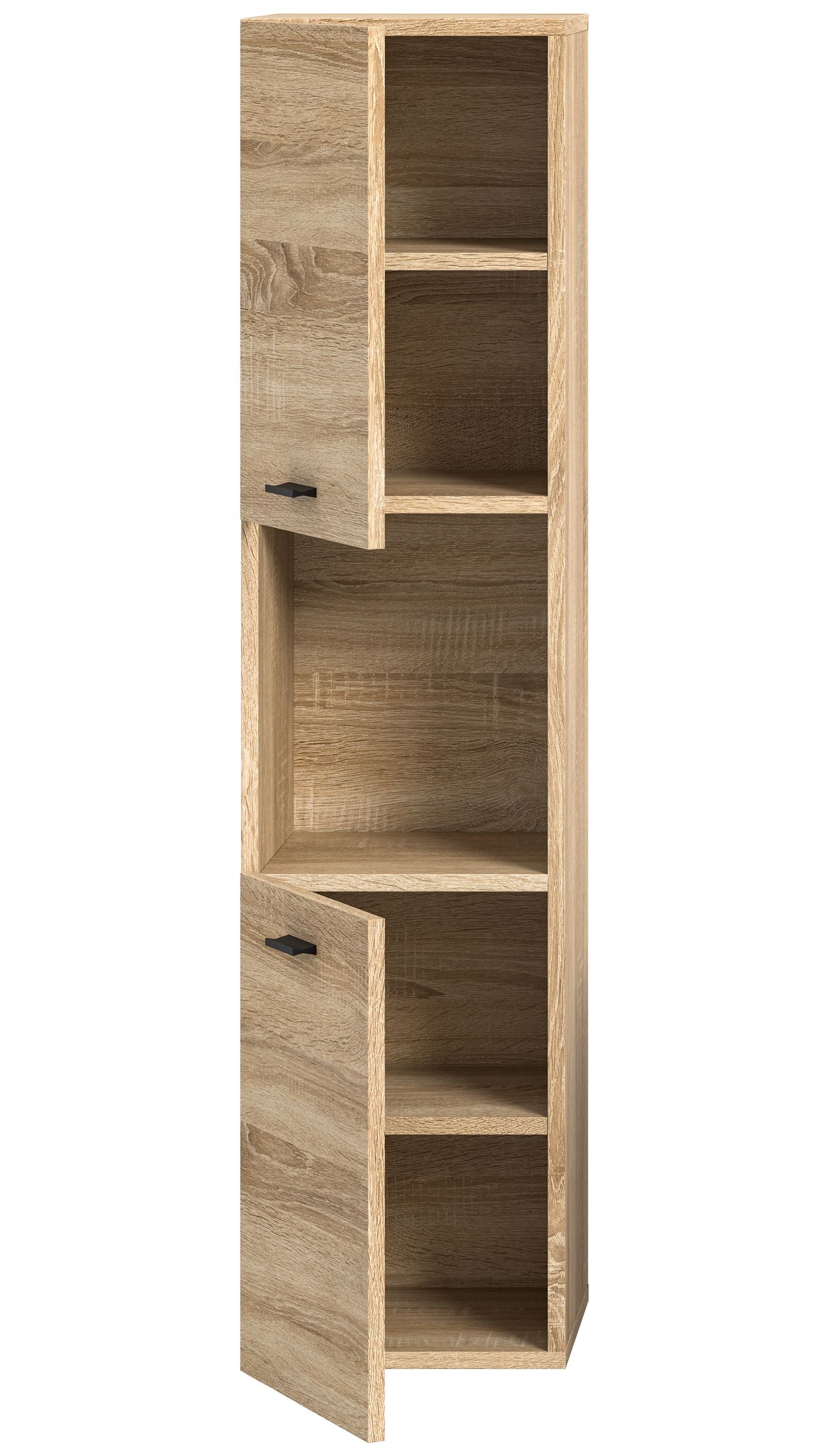 Badschrank Eiche Sonoma mit mehreren offenen Fächern und Schubladen, schmale Ansicht