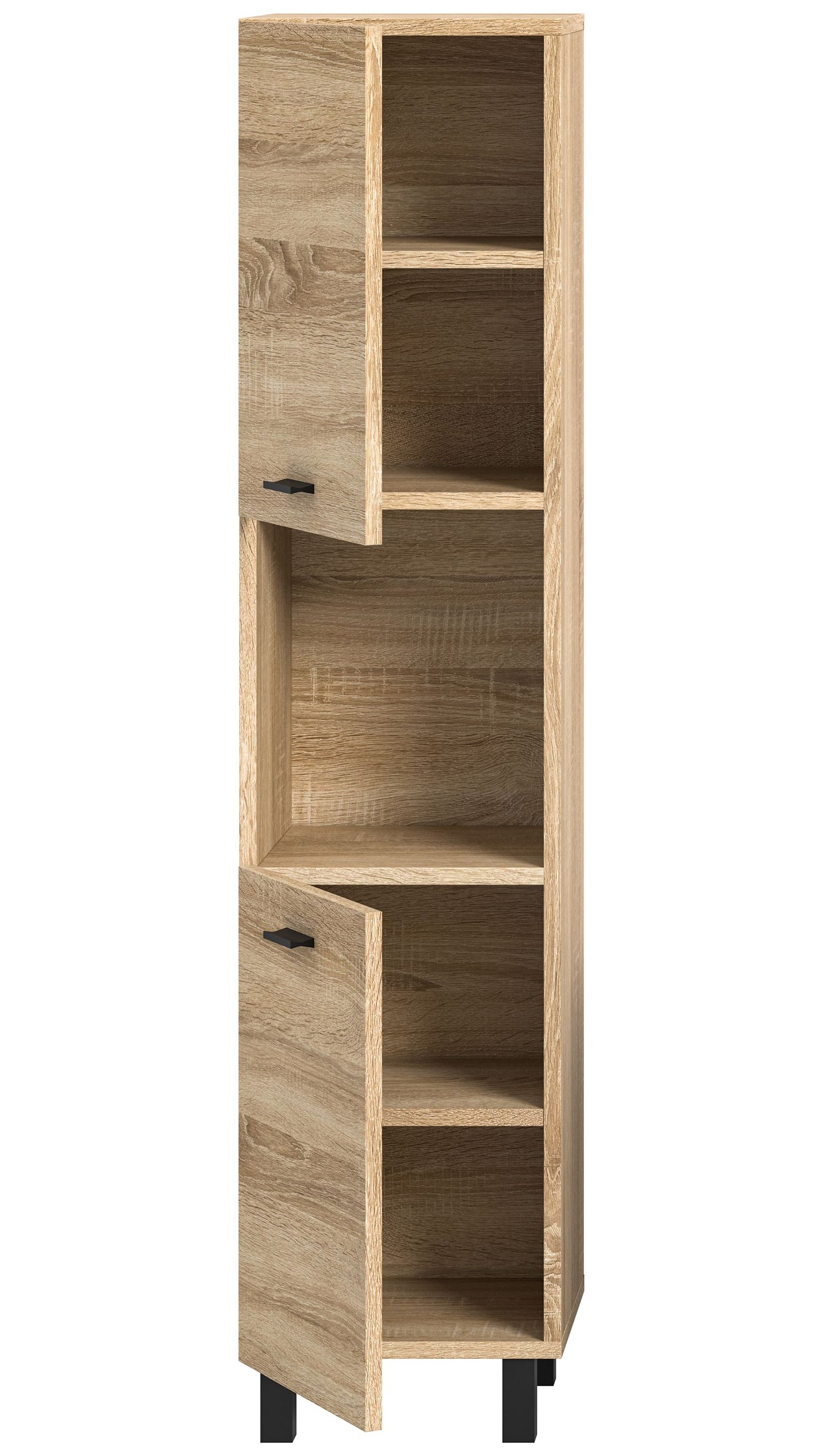 Badschrank Eiche Sonoma mit offenen Fächern, Schubladen und schwarzen Standfüßen