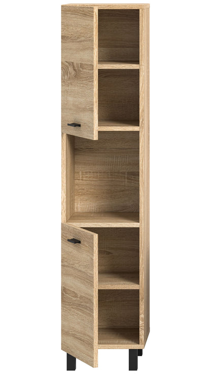 Badschrank Eiche Sonoma mit offenen Fächern, Schubladen und schwarzen Standfüßen
