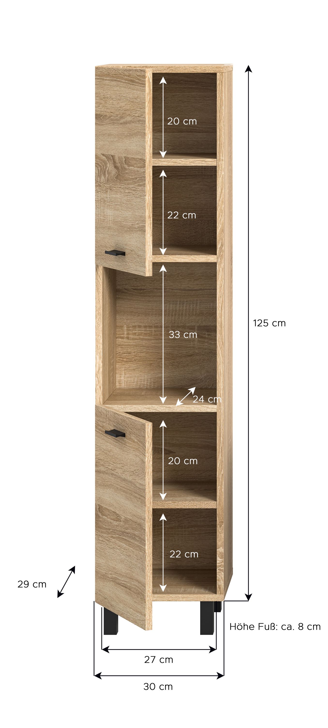 Badschrank Eiche Sonoma mit Maßen und Innenfachaufteilung (Höhenangaben)