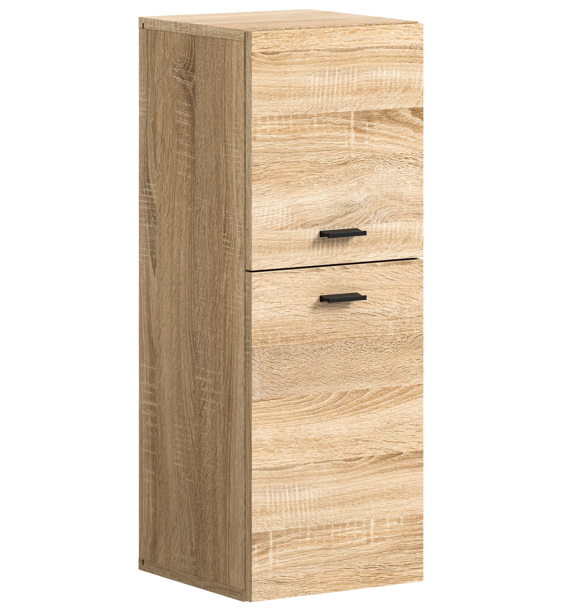Badezimmerschrank in Eiche-Optik mit zwei Schubladen und schwarzen Griffen, stehendes Design
