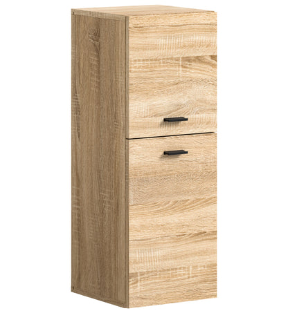 Badezimmerschrank in Eiche-Optik mit zwei Schubladen und schwarzen Griffen, stehendes Design