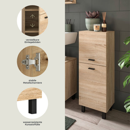 Badezimmerschrank Eiche Sonoma mit Detailgrafiken zu Einlegeböden und Scharnieren