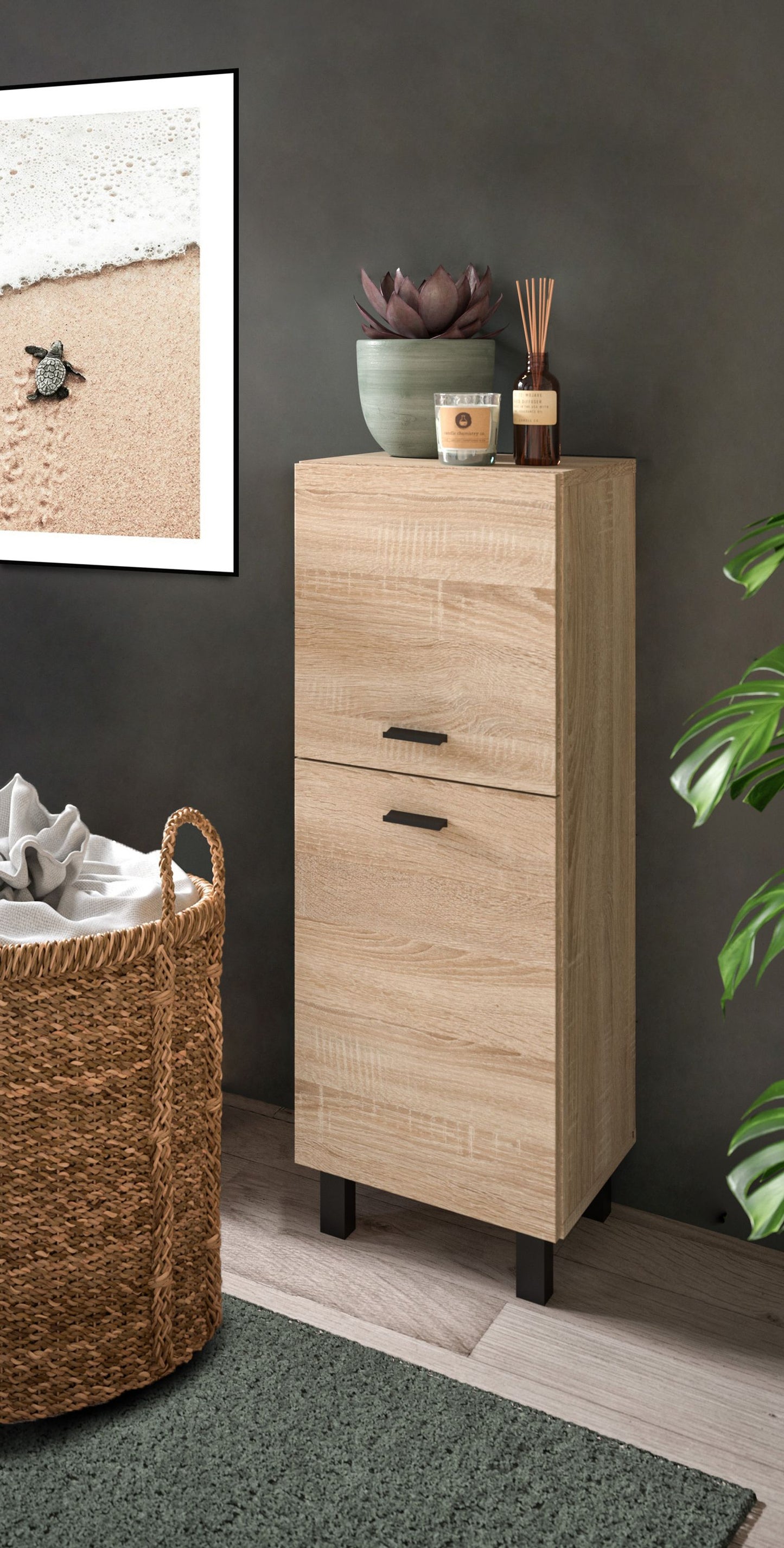 Badezimmerschrank Eiche-Optik mit zwei Schubladen und schmalen Füßen, Frontansicht
