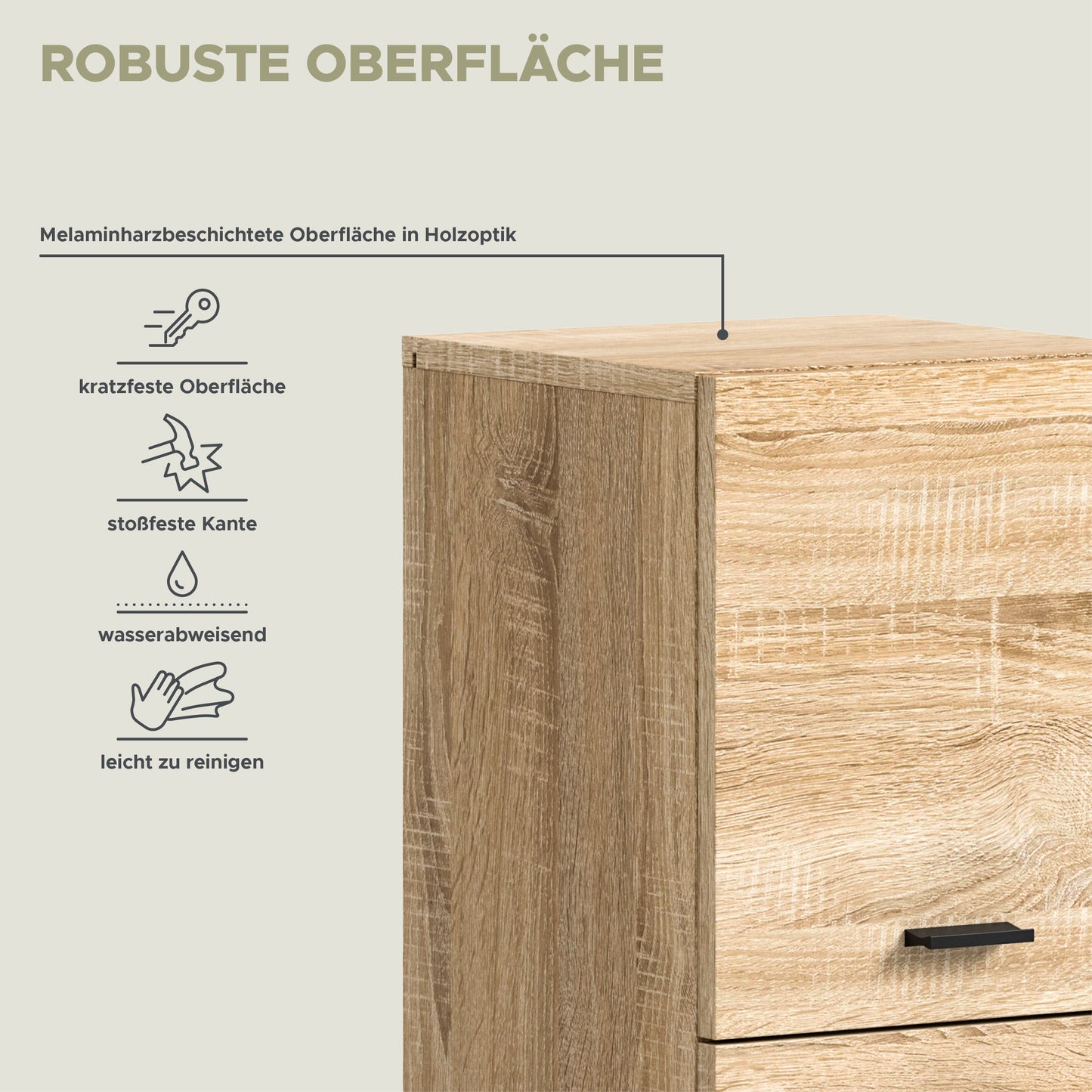 Badezimmerschrank Eiche Sonoma mit Darstellung robuster, melaminbeschichteter Oberfläche