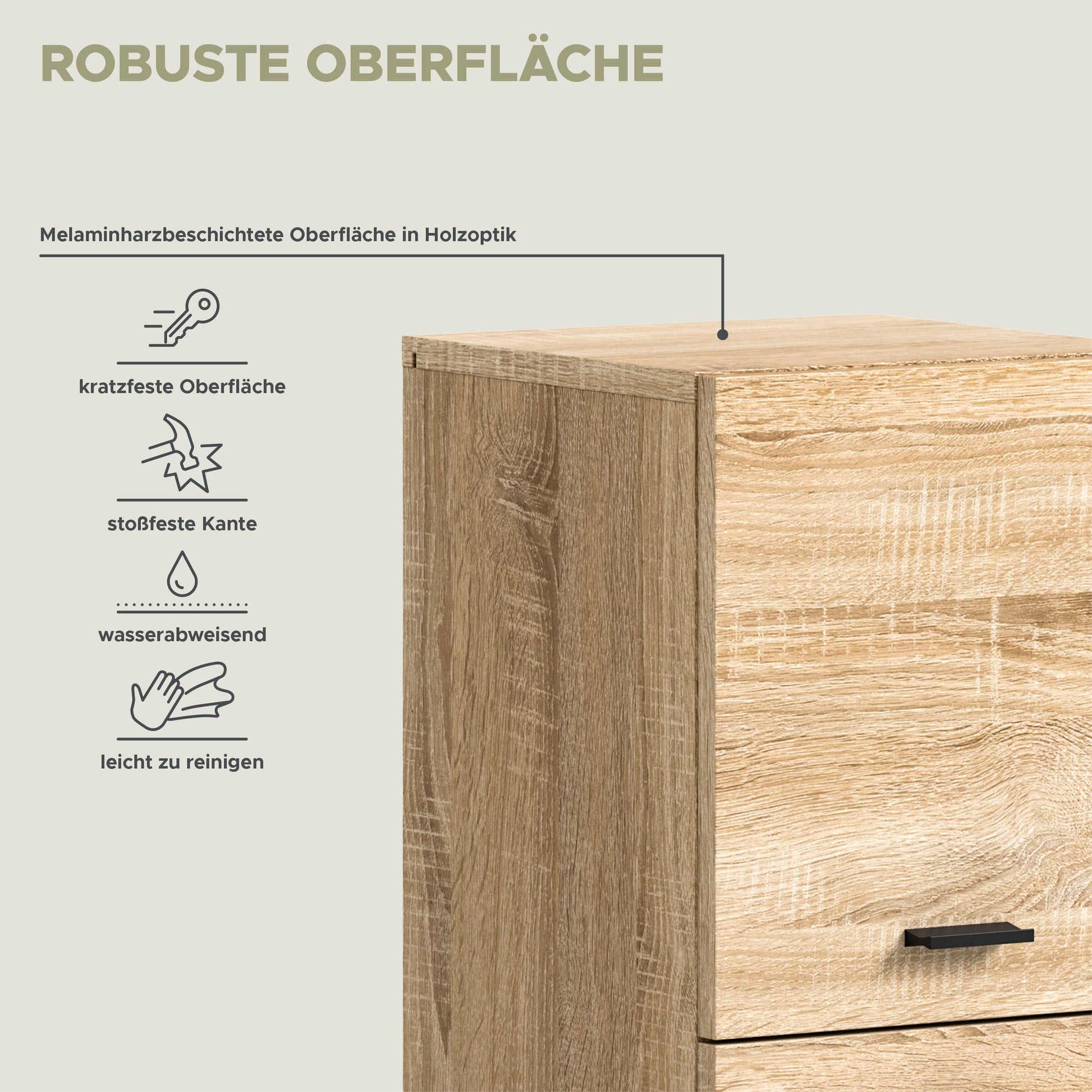 Badezimmerschrank Eiche Sonoma mit Darstellung robuster, melaminbeschichteter Oberfläche