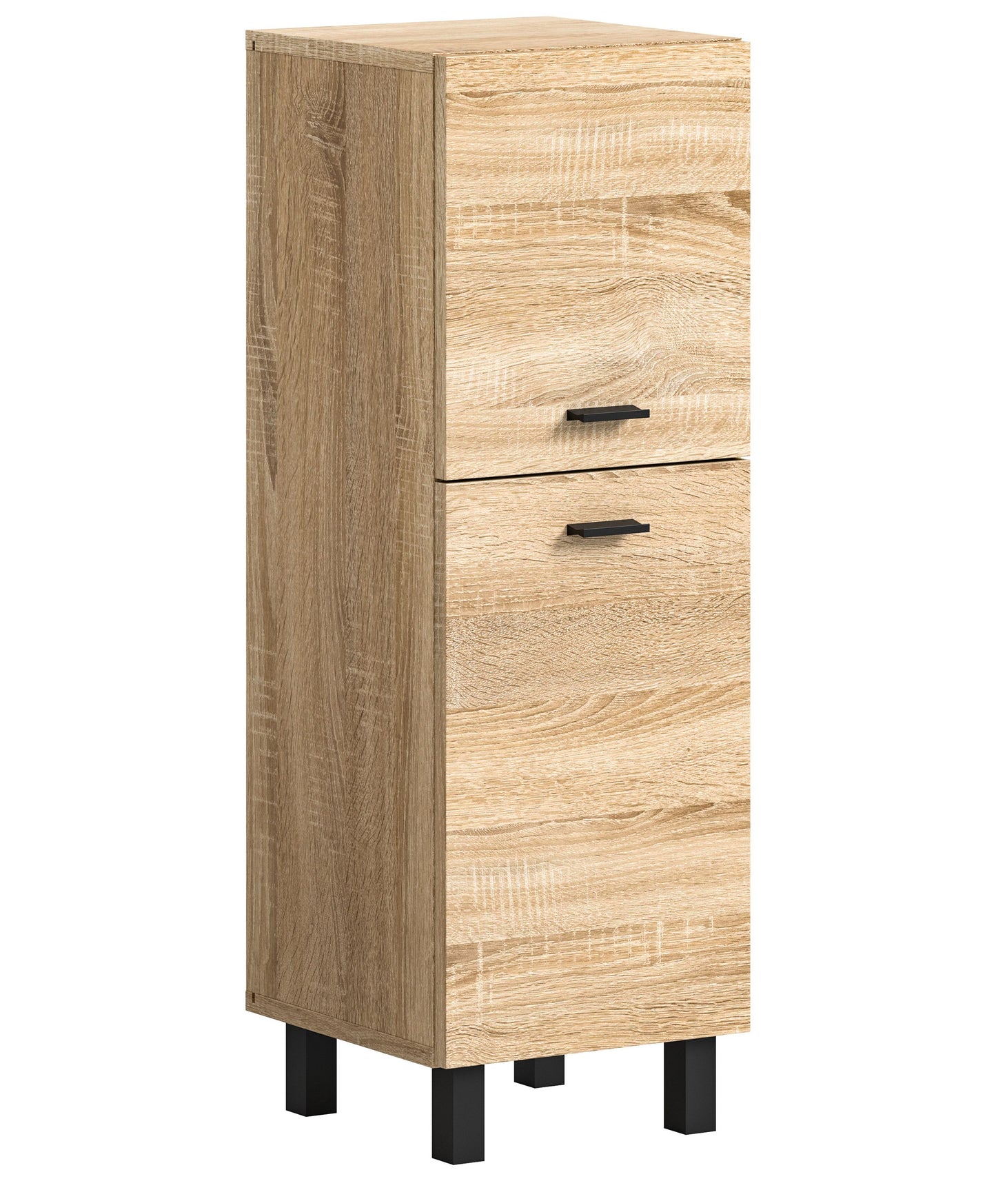 Badezimmerschrank Eiche-Optik mit zwei Schubladen und schwarzen Griffen, Vorderansicht