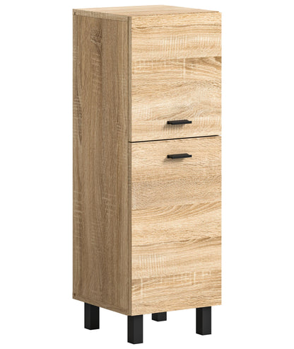 Badezimmerschrank Eiche-Optik mit zwei Schubladen und schwarzen Griffen, Vorderansicht