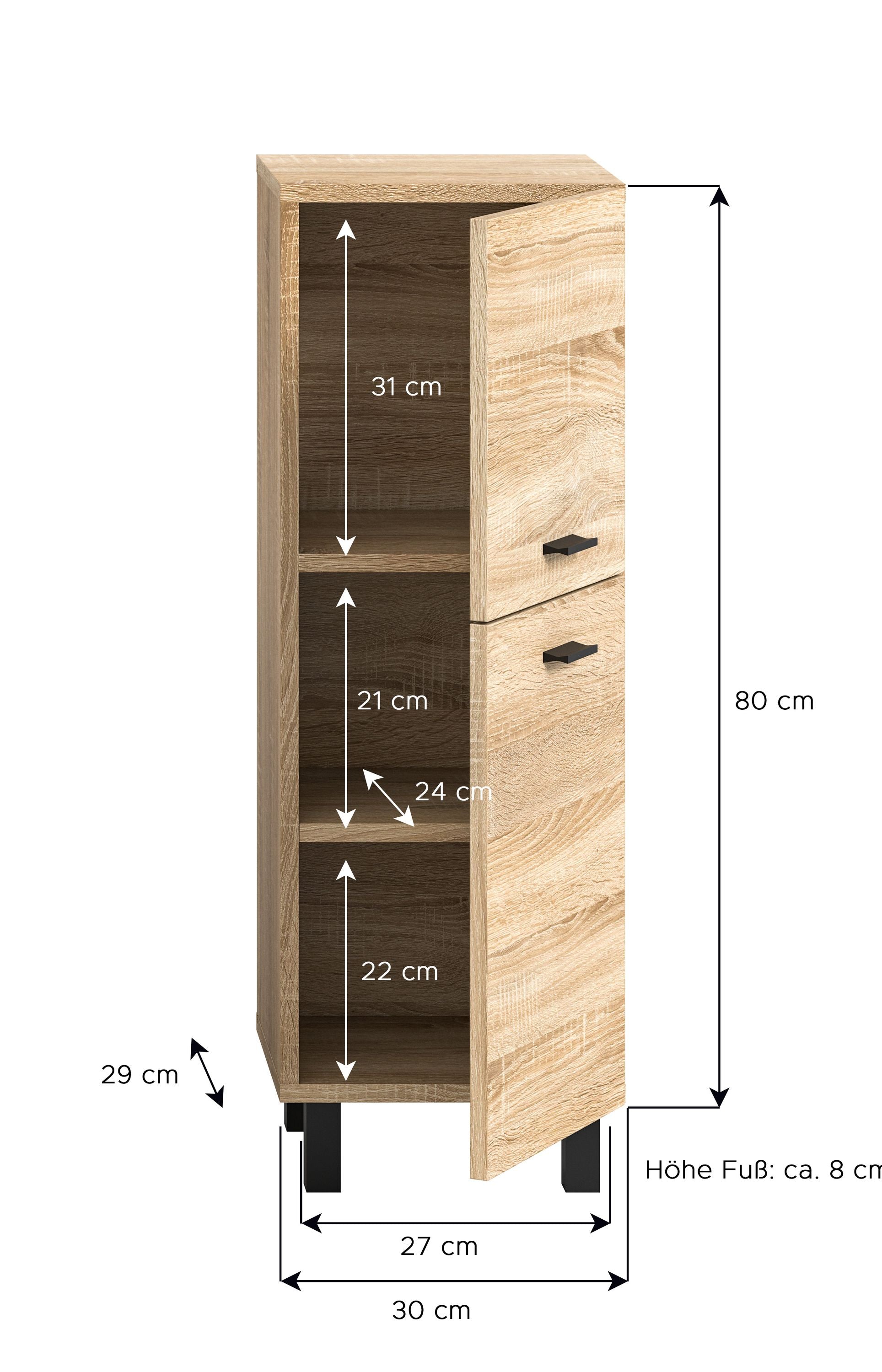 Badezimmerschrank Eiche-Optik mit Maßen, zwei Schubladen und offenen Fächern