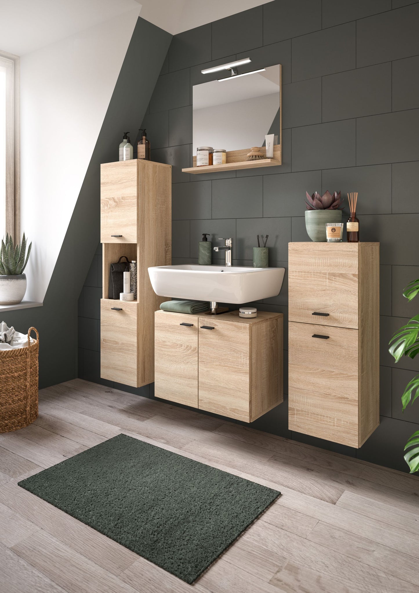 Badezimmerschrank-Set in Eiche-Optik mit Waschtisch, seitlichen offenen Fächern