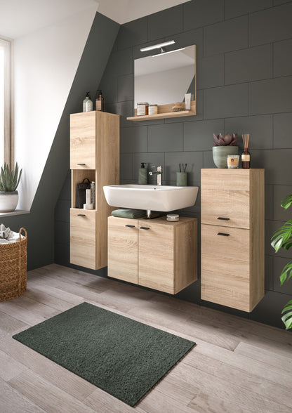 Badezimmerschrank-Set in Eiche-Optik mit Waschtisch, seitlichen offenen Fächern