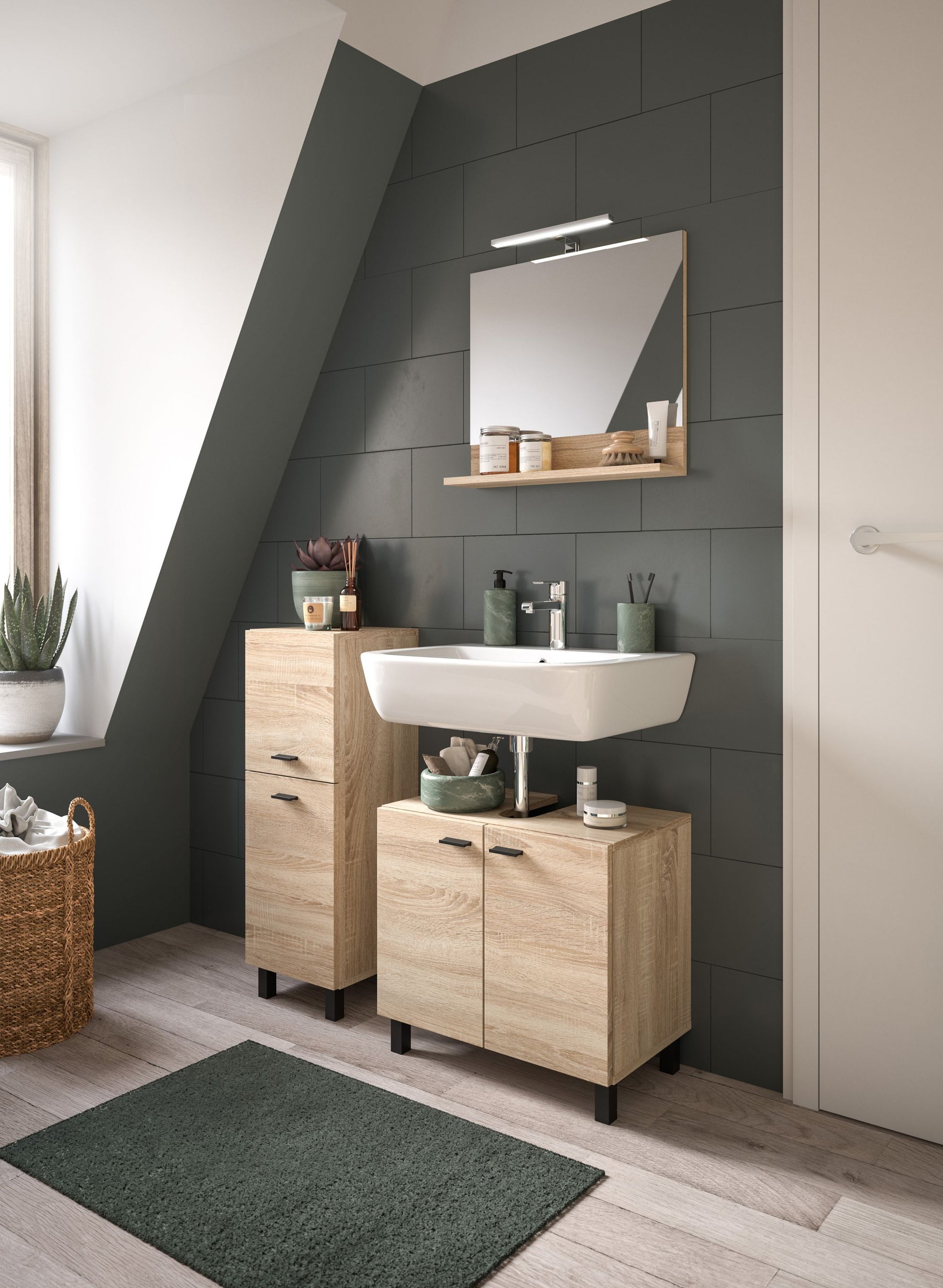 Badezimmerschrank-Set in Eiche-Optik mit Waschtisch und zwei Frontschubladen