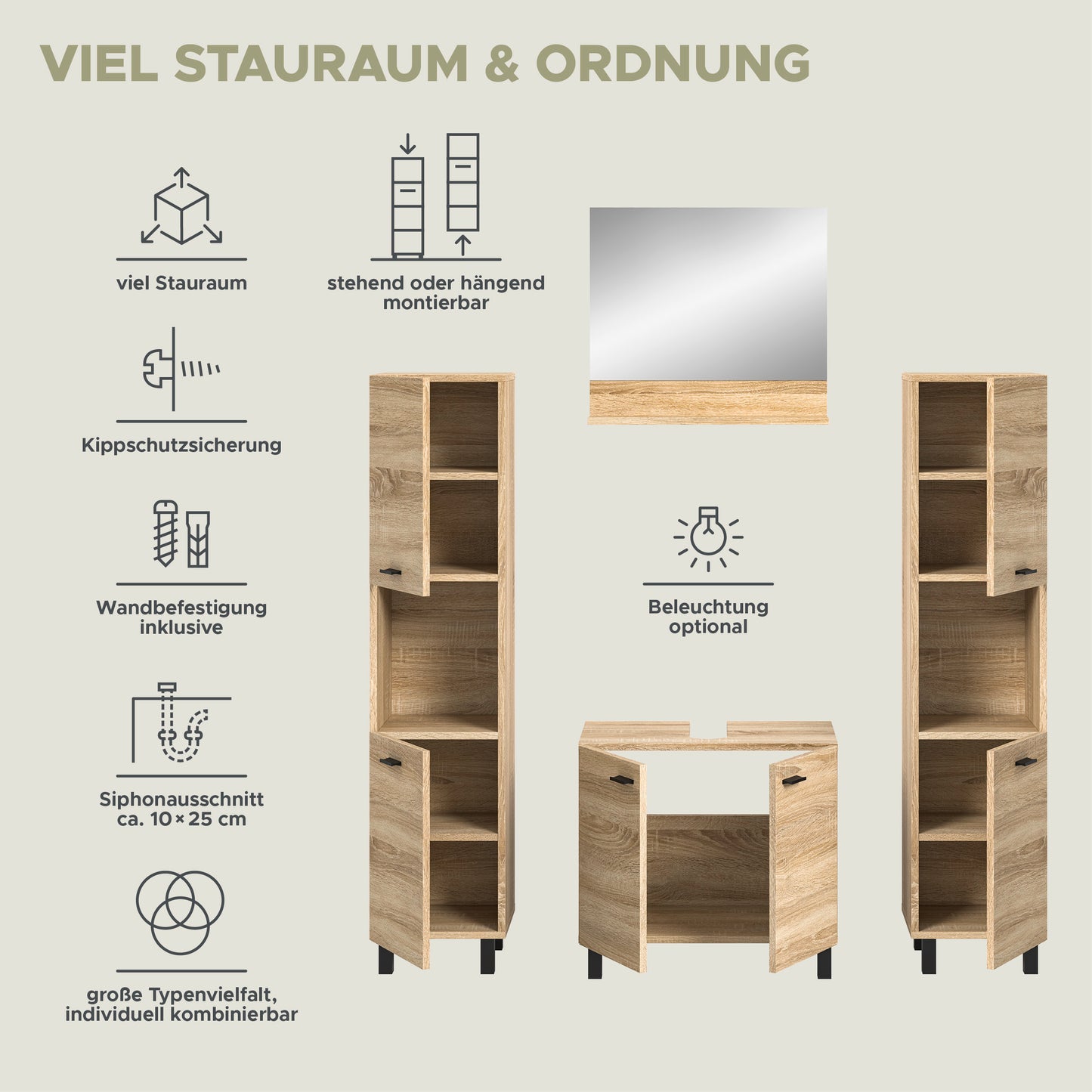 Homes & Jones Badezimmer Set 4tlg. Badmöbel hängend oder bodenstehend montierb.
