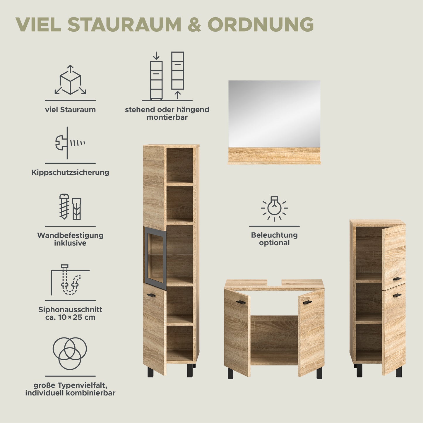 Homes & Jones Badezimmer Set 4tlg. Badmöbel hängend oder bodenstehend montierb.
